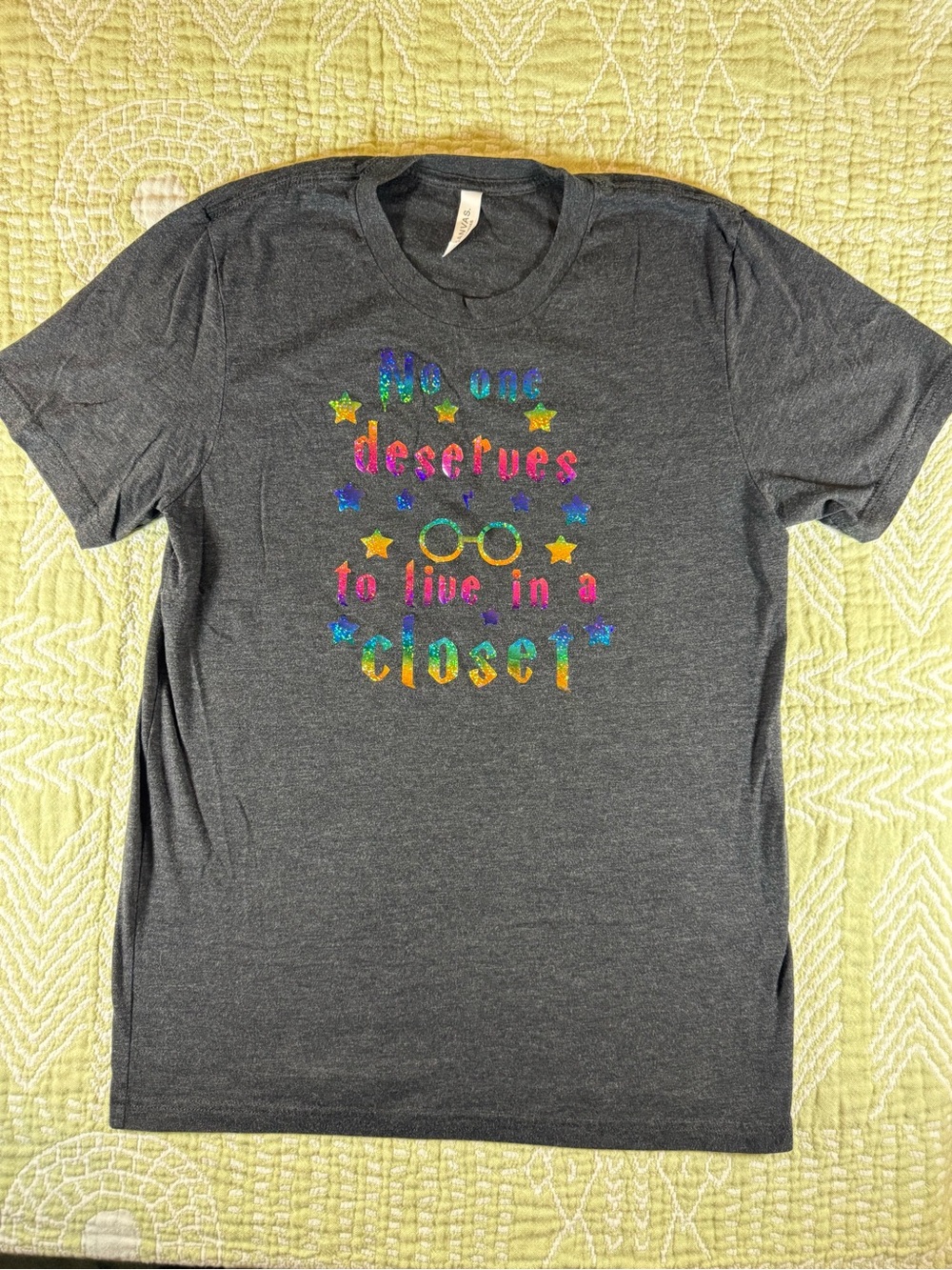 Bella+Canvas GUC Dk Gray Tee No One Deserves to Live in a Closet Rainbow unisex